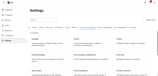 Jamf Pro Settings page with Computer management selected, showing a grid of options such as Packages, Scripts, Printers, and Disk encryption.
